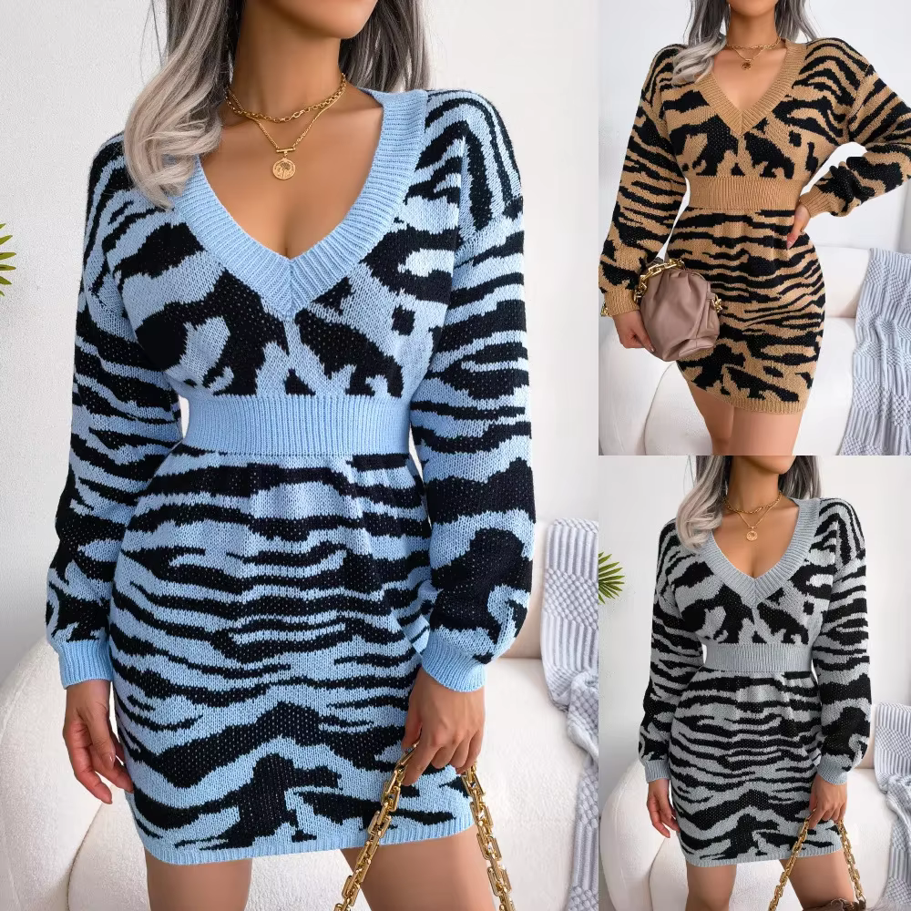 Robe pull ajustée à manches lanternes à rayures tigrées tendance
