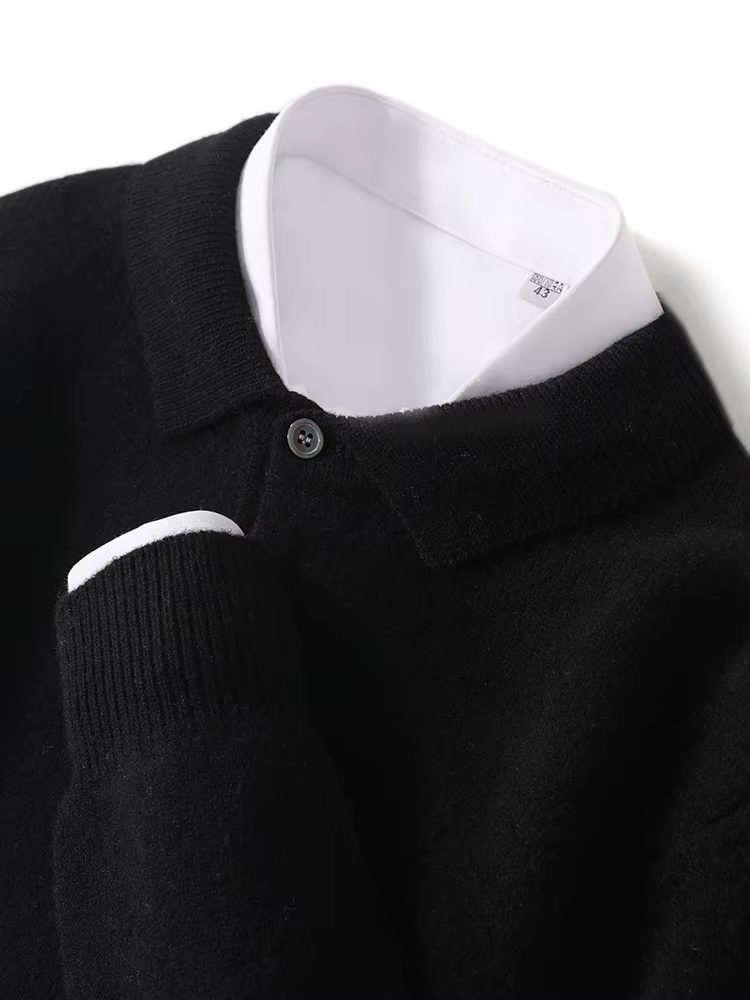 Pull à col POLO pour hommes, épais, manches longues, pulls d'affaires, 100% laine mérinos, chemise en tricot, vêtements de base, nouvelle collection automne hiver