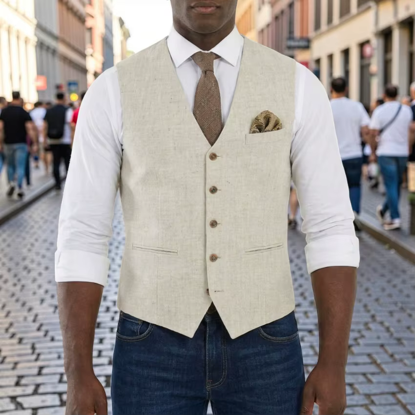 Gilet en lin pour homme, col en V, beige, simple boutonnage, pour occasions décontractées, fêtes, été, plage, nouvelle collection