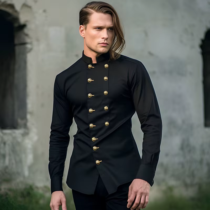 Chemises à manches longues pour hommes, col Henry à double boutonnage, vêtements décontractés pour hommes, chemise Hemd zones me, S42