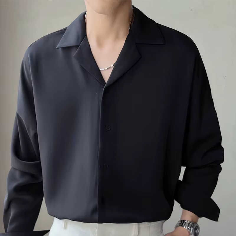 Chemise à Manches sulfpour Homme, Col Cubain Solide, Beau, Décontracté, Sans Fer, observateur, Style Coréen, Ice InjShirt