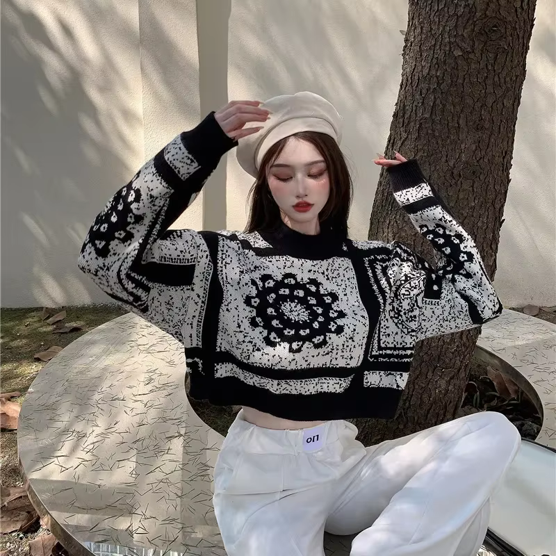 Pull femme graphique court hauts en tricot