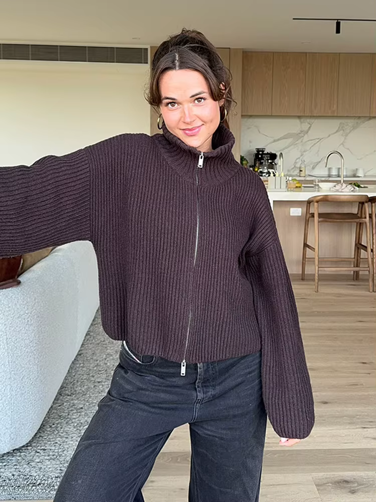 Cardigan en tricot à panneaux avec fermeture éclair pour femmes