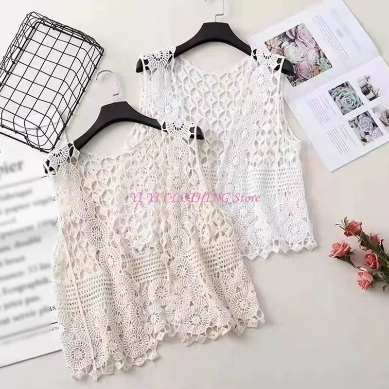 Gilet cardigan court sans manches en crochet pour femme