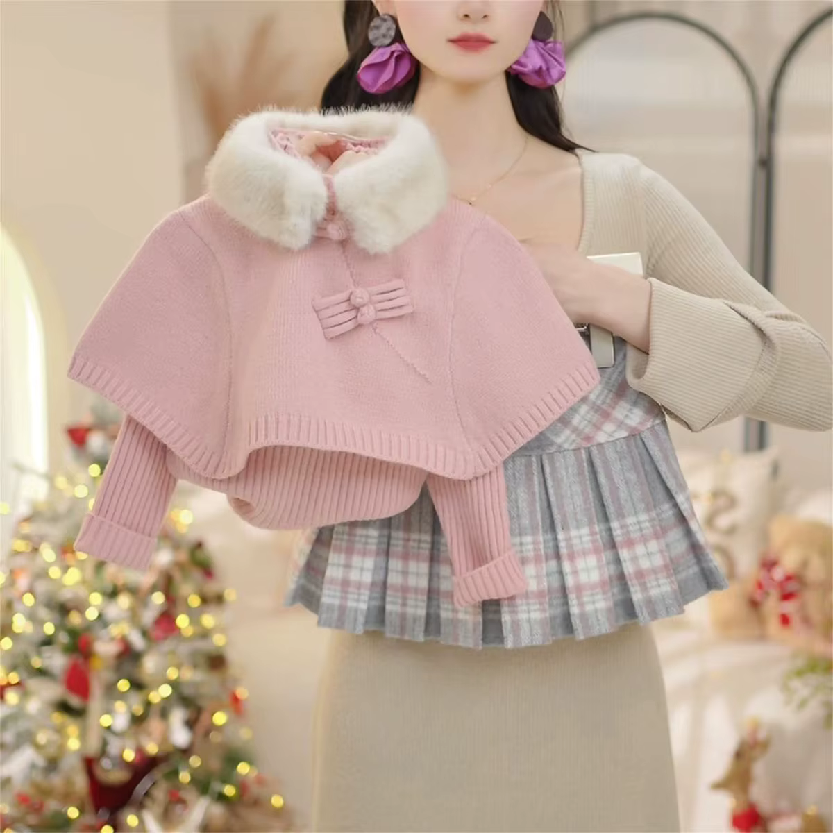 Ensemble de pulls pour filles 2026 Automne Hiver Nouveau Pull en tricot à col montant polyvalent pour bébé chaud Haut de base Jupe à carreaux Ensemble deux pièces