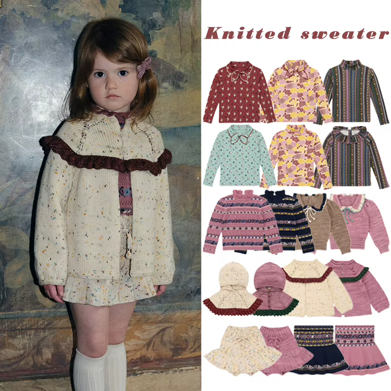 Pull pour enfants 2025, vêtements d'automne et d'hiver pour enfants, série MP Holiday, robe pull en tricot ajouré Vintage pour filles