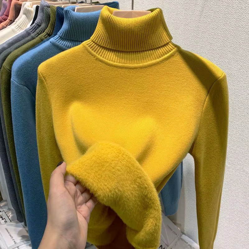 Pulls à col haut avec doublure épaisse en peluche pour femmes
