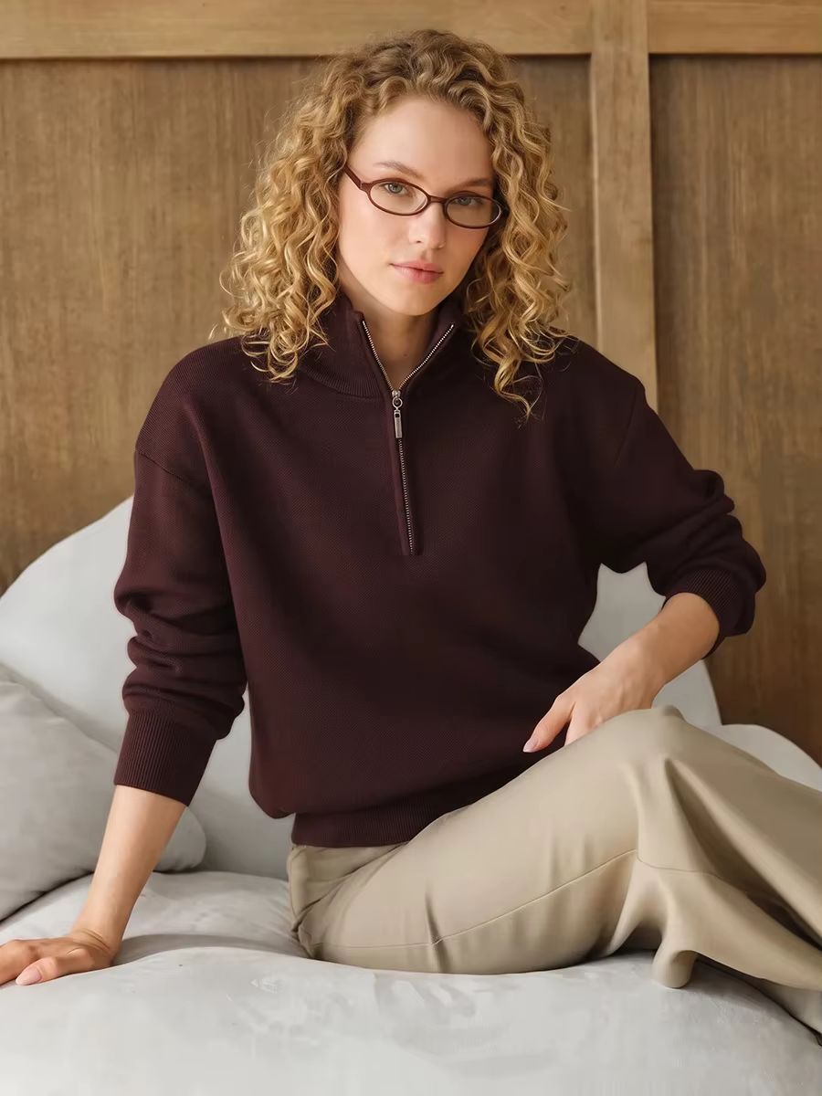 Pull rouge à col zippé pour femme, pull ample marron d'automne avec fermetures éclair pour femme, vêtement d'extérieur, pull blanc oversize zippé pour l'hiver