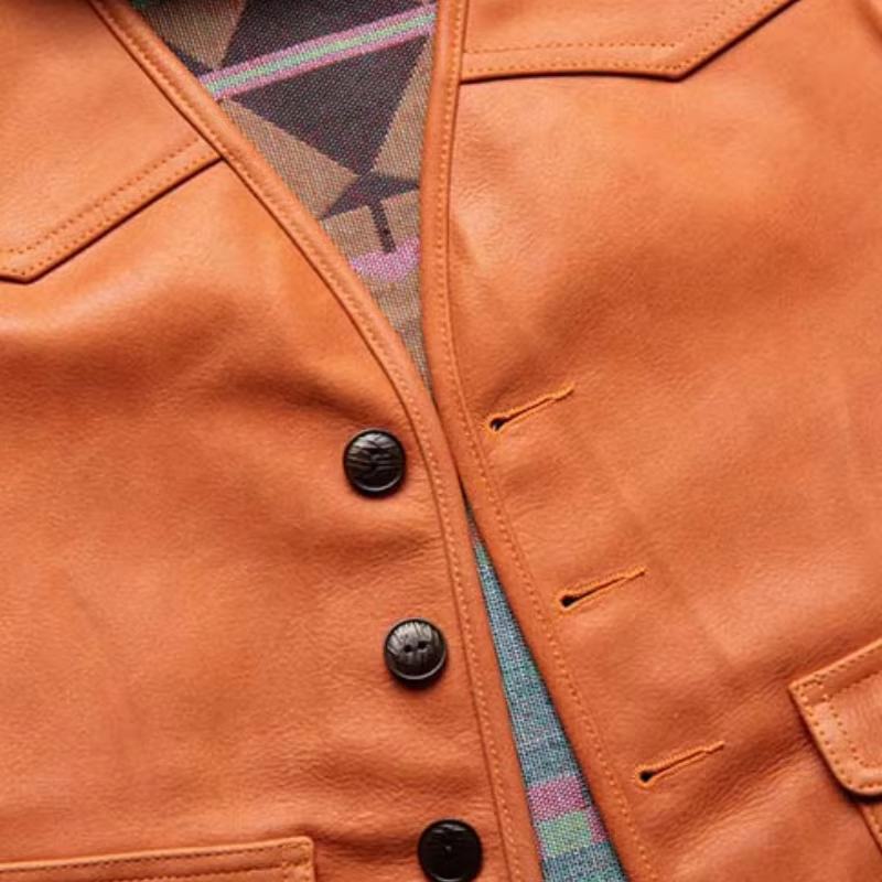 Gilet en cuir Orange Spring pour homme, style rétro, grande taille 5XL, en cuir de vachette véritable, coupe ajustée, court, simple boutonnage, avec empiècements