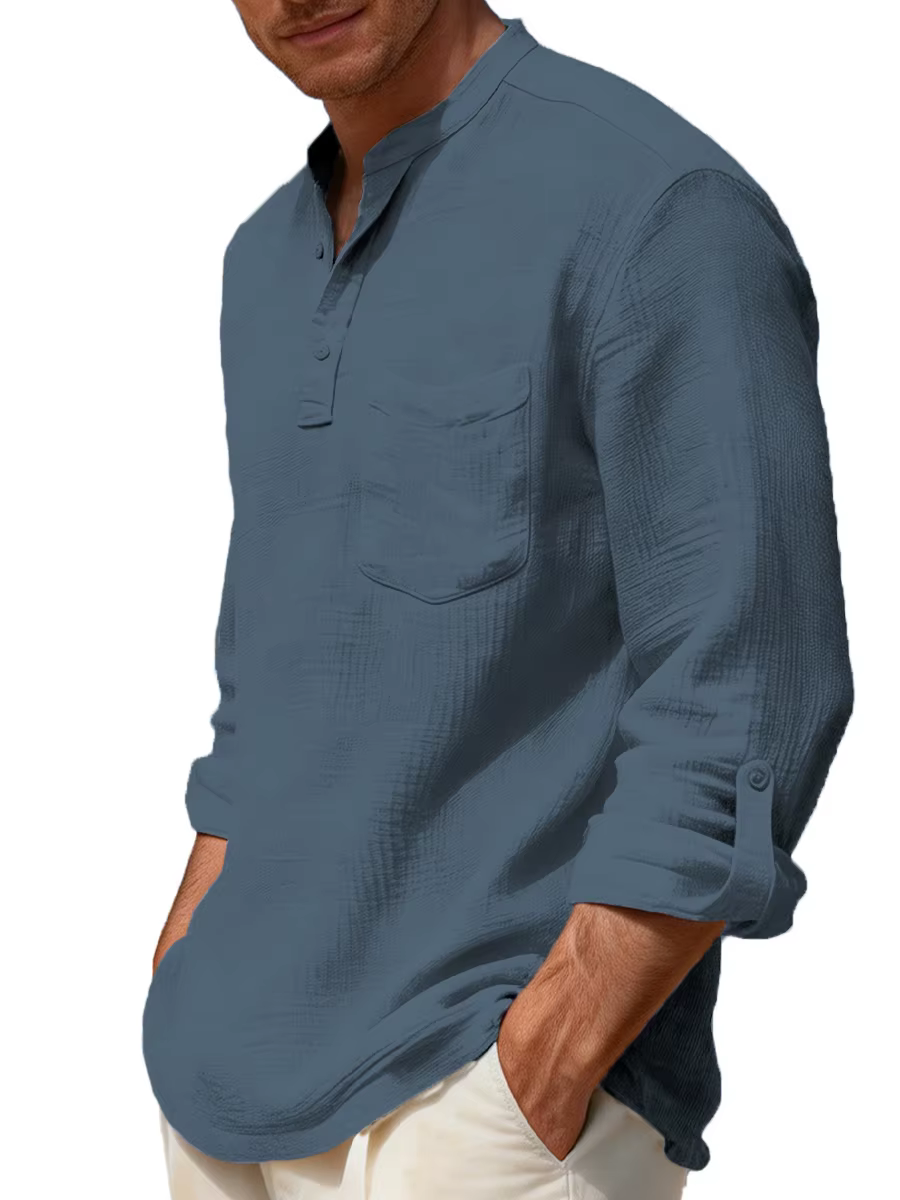 Chemise décontractée pour homme à col montant, manches longues, boutonnée