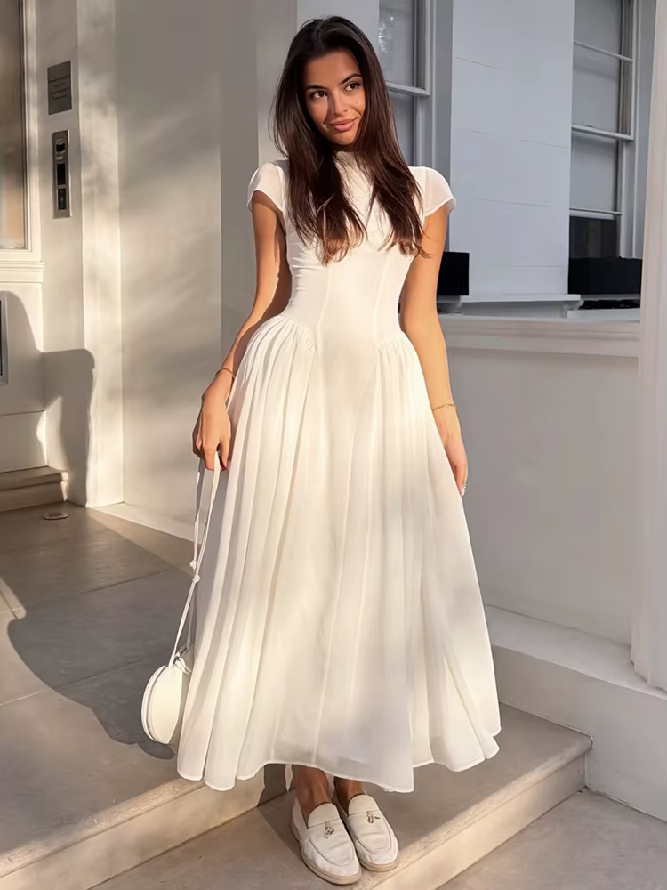 Robe longue moulante à col semi-montant pour femme, couleur unie, manches courtes, taille cintrée, coupe trapèze, élégante, nouvelle collection