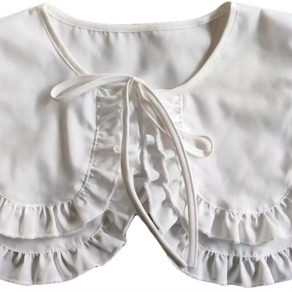 Faux col pour femme à grand revers, style demi-chemise, à lacets, double couche, couleur unie, à volants, style col de poupée, décoratif