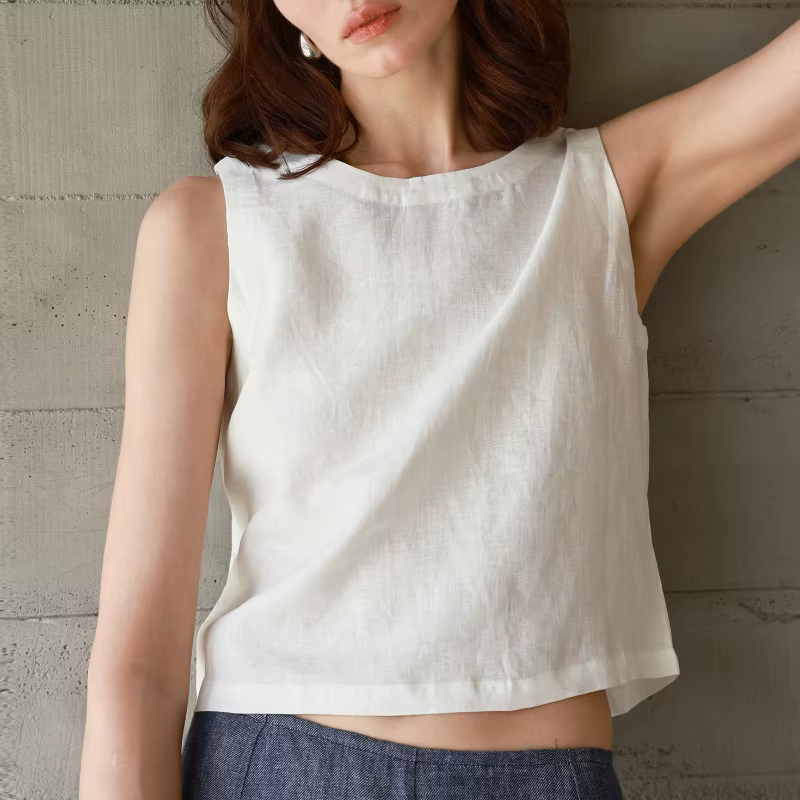 Gilet en lin premium, double face, coupe courte, style décontracté, sans manches, pour femme