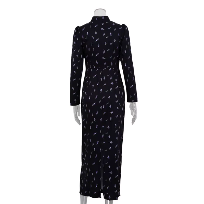 Robe à manches longues pour femmes, automne, bureau français, imprimé, col montant, Corset, fente fine, moulante, Robe longue, Club, Robe serrée