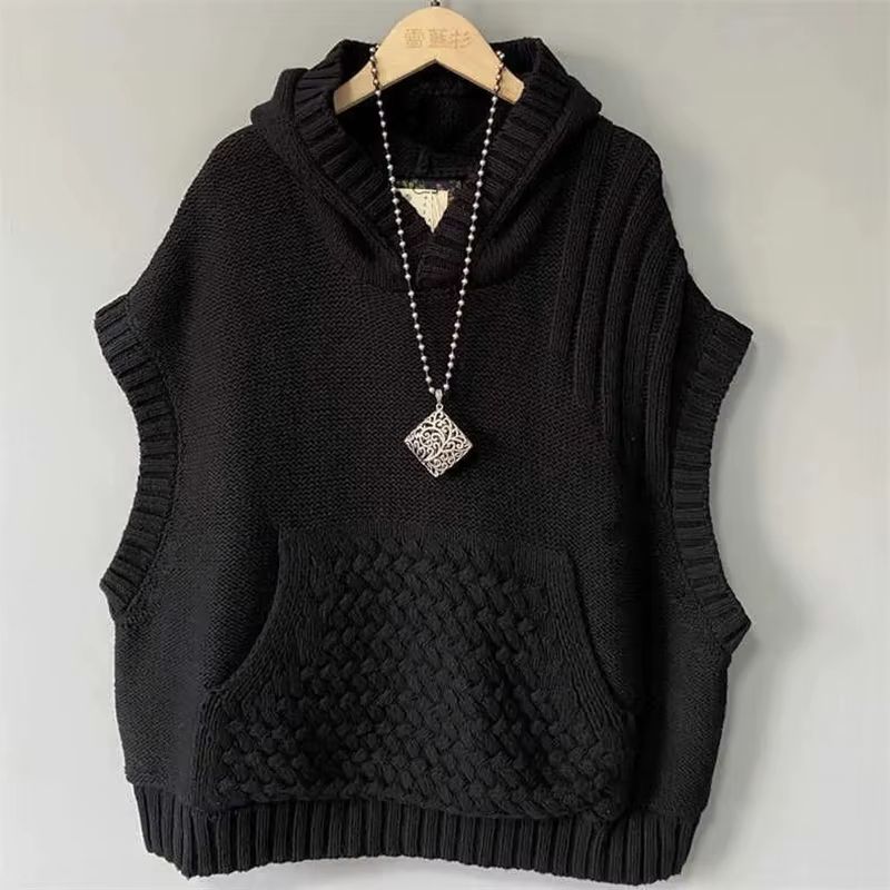 2025 automne hiver sans manches réduction de l'âge dames tricoté pull gilet veste à capuche loisirs couleur unie femmes