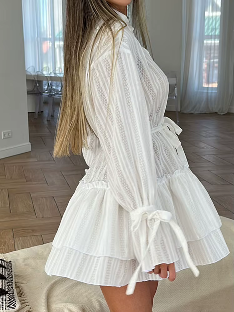 Robe courte drapée à col montant pour femmes, élégante, mode, ourlet à volants, couleur unie, ample, ligne a, décontractée, manches longues, robes d'automne