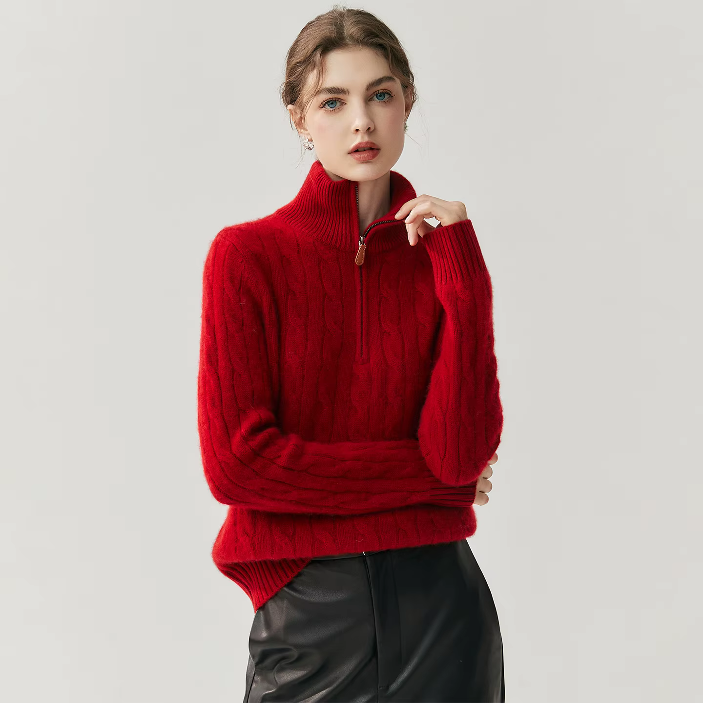 Pull en cachemire torsadé Huashan pour femme, col montant, demi-fermeture éclair, tricoté, chaud, automne et hiver, coupe ample, style bureau dame, manches longues, option couleurs blanche, bleue, grise, rouge