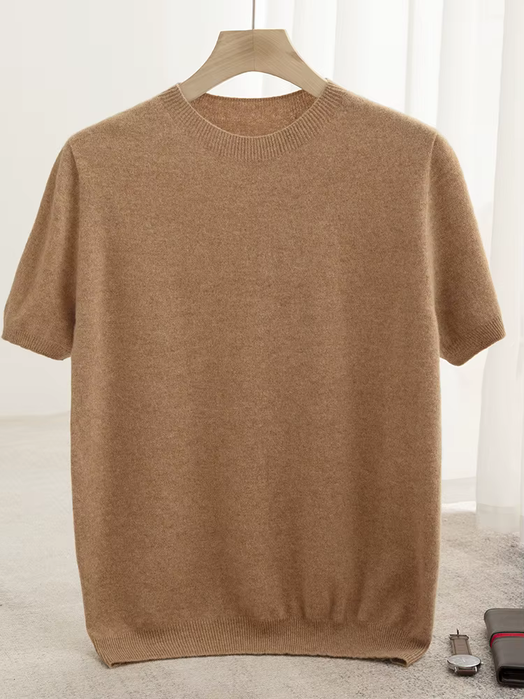 T-shirt classique pour homme, pull 100% laine mérinos, col rond, manches courtes, vêtements décontractés élégants, vêtements basiques, tricot en cachemire