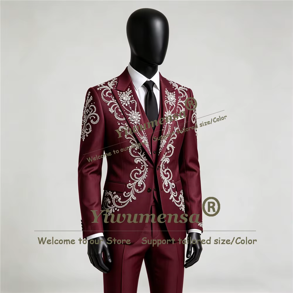 Costume de Mariage de Luxe pour Homme – Veste, Gilet et Pantalon Brodés à la Main – Smoking de Marié Personnalisé Coupe Slim 3 Pièces – Trajes Para Hombre