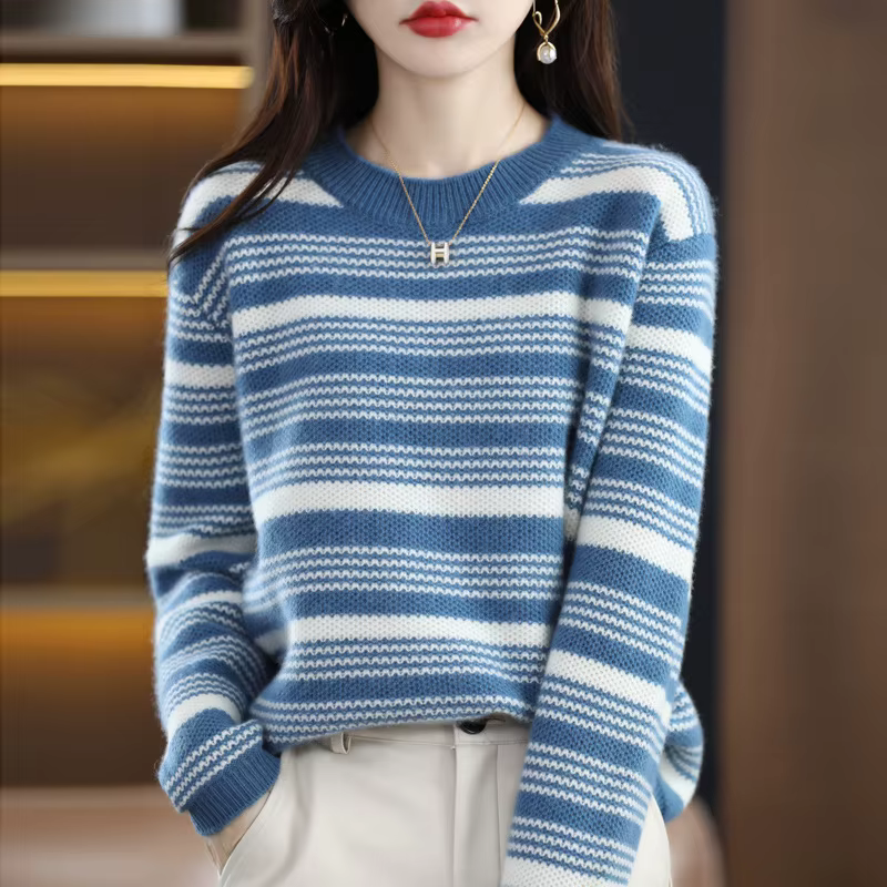 Mode nouveau Pull 2025 ample printemps automne col rond femmes rayure à manches longues haut tricoté bas chemise