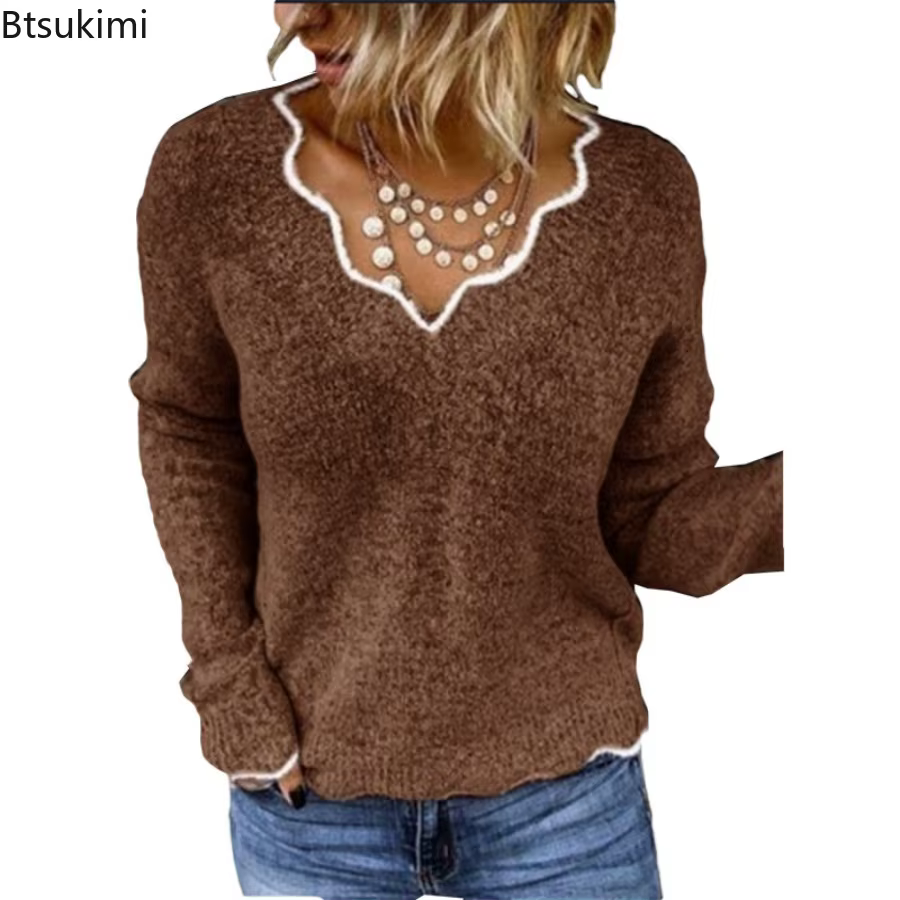 Pull décontracté à col en V pour femmes, couleur unie, polyester, automne hiver, manches longues, occasions casual et soirées