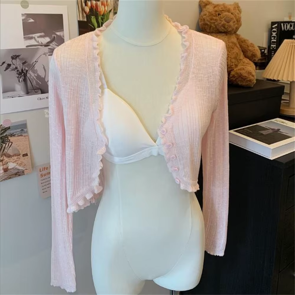 2025 pull été rose Cardigan mode coréenne dentelle bouton à manches longues haut court femmes