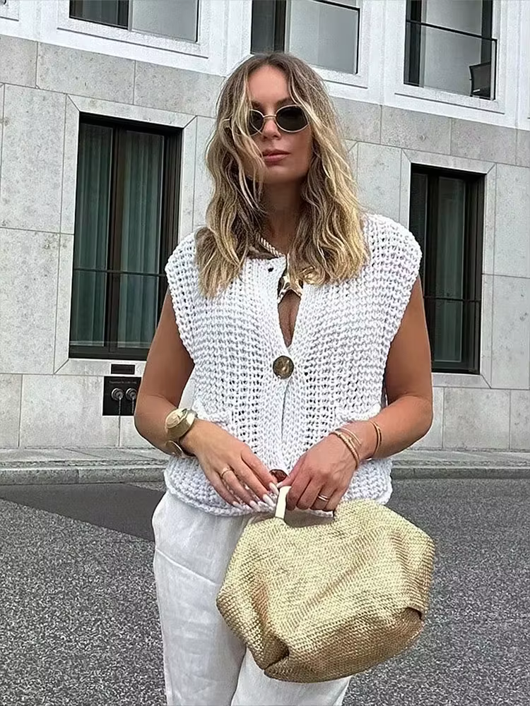 HH femmes élégant mode tricoté gilet col rond sans manches Vintage solide boutons en métal pull avec poches haut court de rue