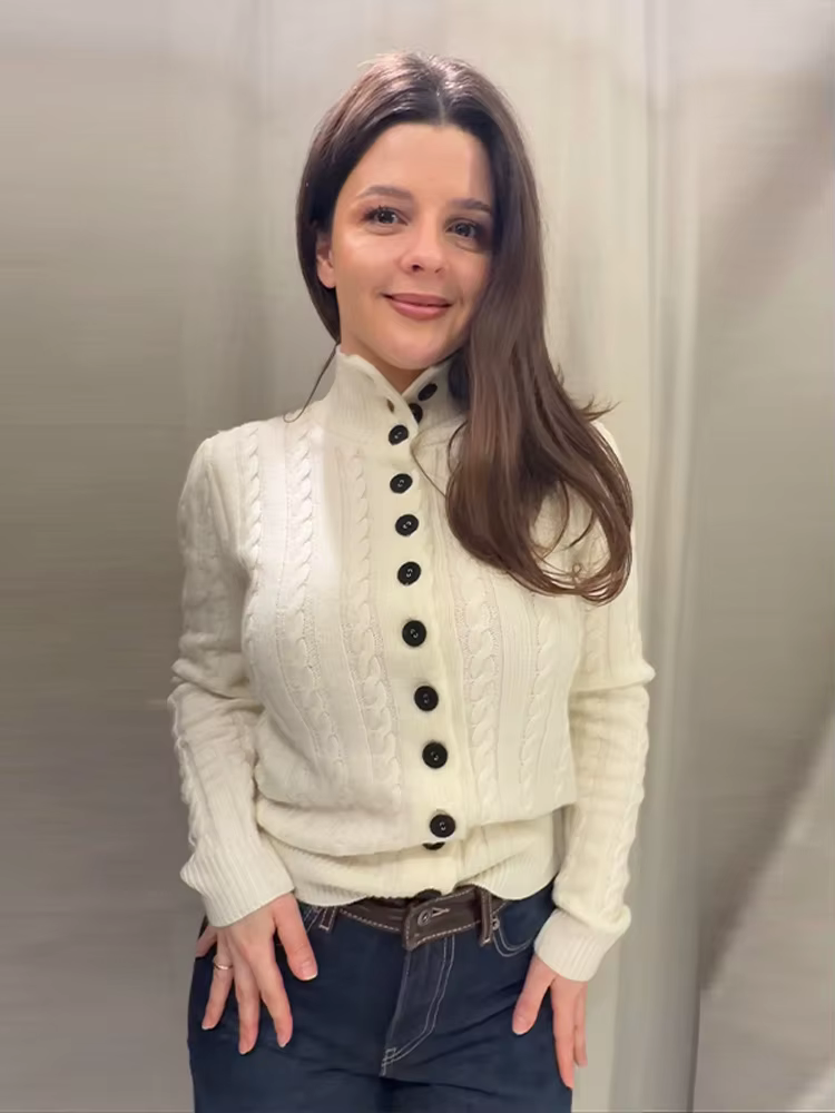 Nouveau cardigan en maille pour femme à col montant