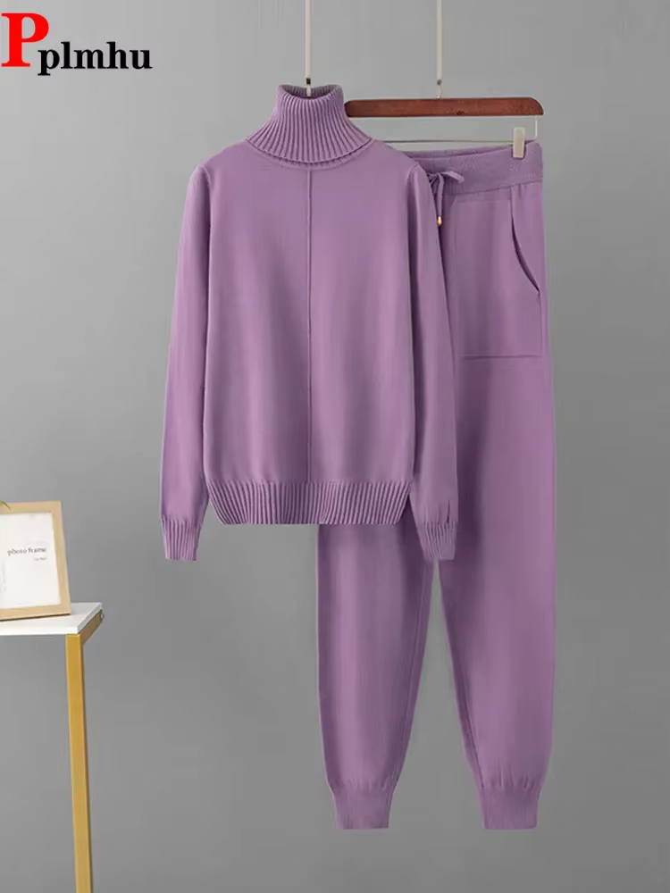 Femmes col roulé tricots pull hauts pullover Conjuntos taille haute décontractée sarouel tenue couleur bonbon tricoté 2 pièces ensembles