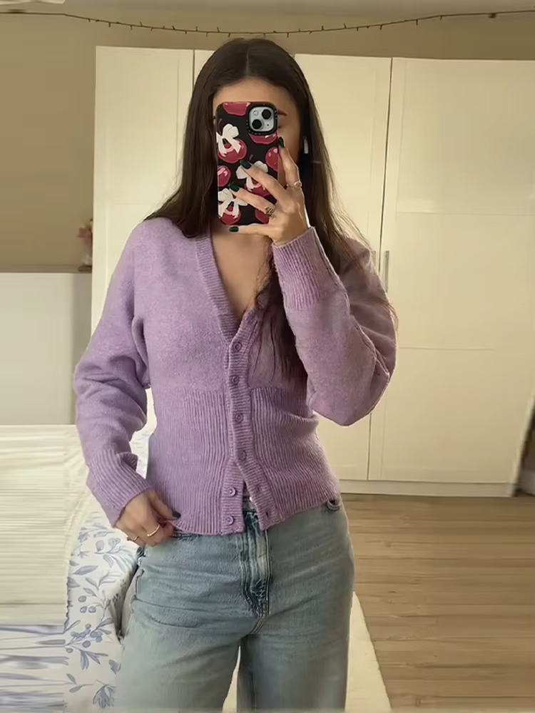 Mode col en v tricoté Cardigan femme solide simple boutonnage à manches longues mince à volants pull tricots dame Chic décontracté nouveau Cardigan