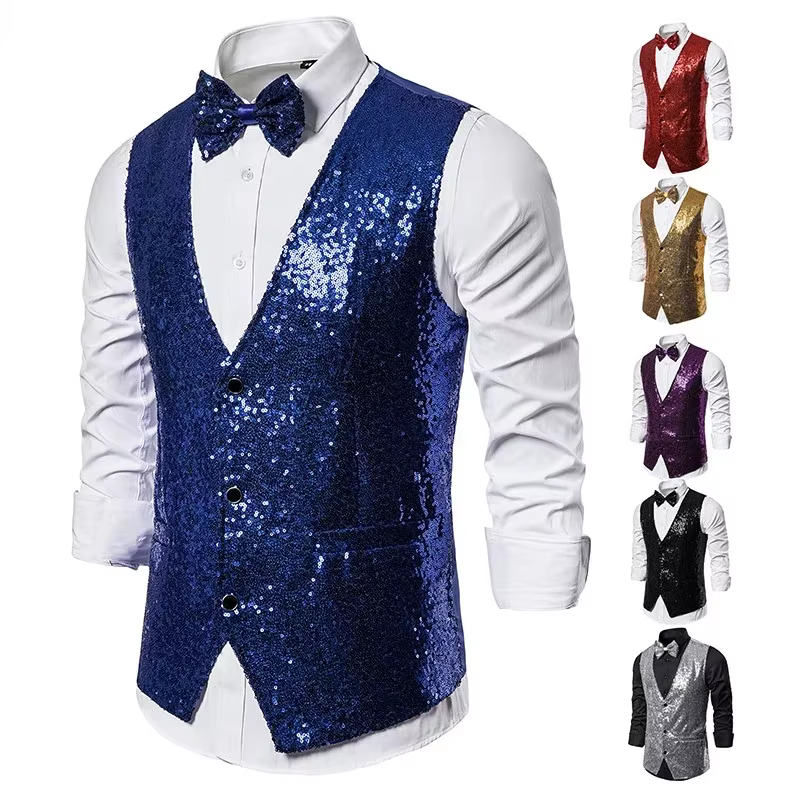 Gilet de luxe pour homme, col en V, coupe ajustée, scintillant, uni, avec nœud papillon, pour mariage, fête, cérémonie, veste sans manches