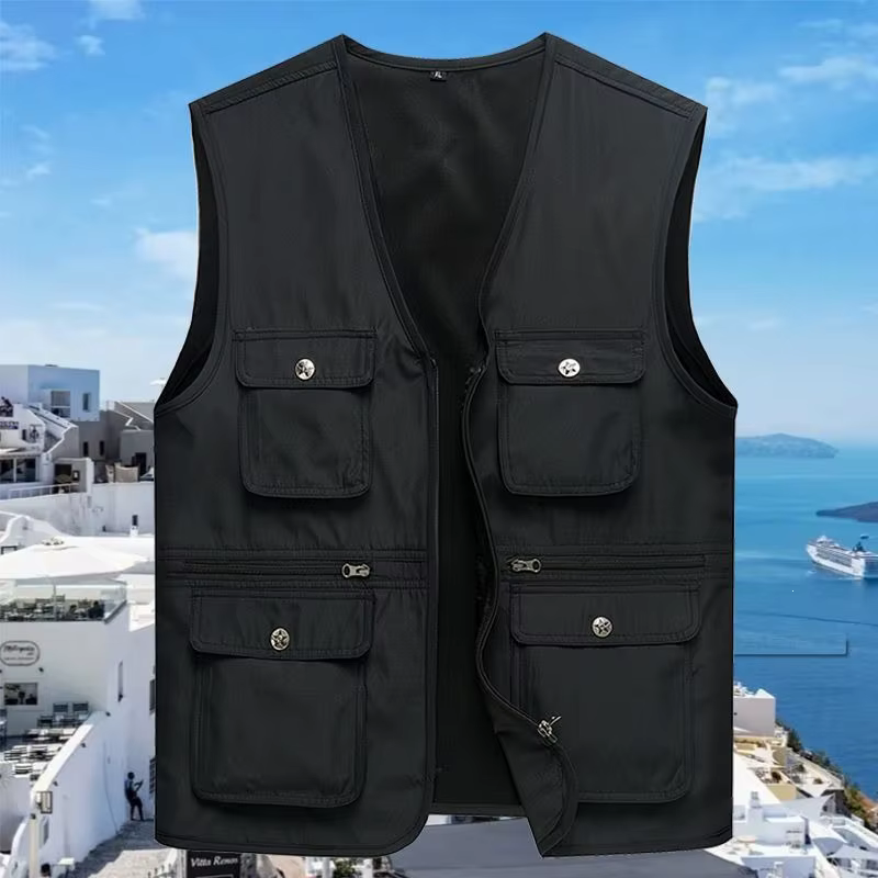 Gilet de pêche d'extérieur pour homme, léger, col en V, avec poches zippées, coupe ample, en tissu polyester, idéal pour la pêche et la photographie