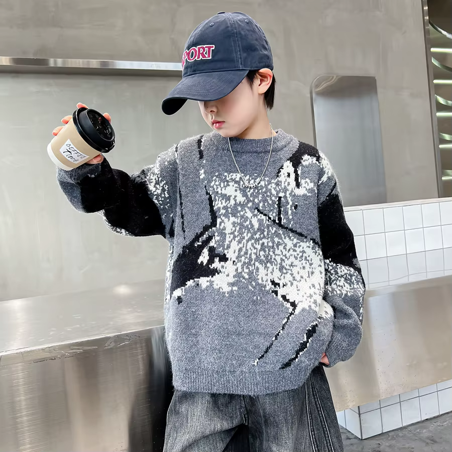Pull de noël de couleur grise pour enfants, pour grand garçon, mode décontractée, automne hiver, vêtements tricotés pour adolescents, tricot de styliste