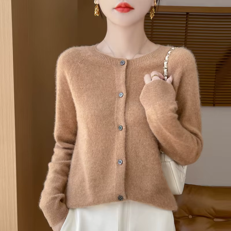 100% laine mérinos à manches longues chandails cachemire Cardigan printemps automne femmes col rond tricots hauts vêtements mode Tops basiques