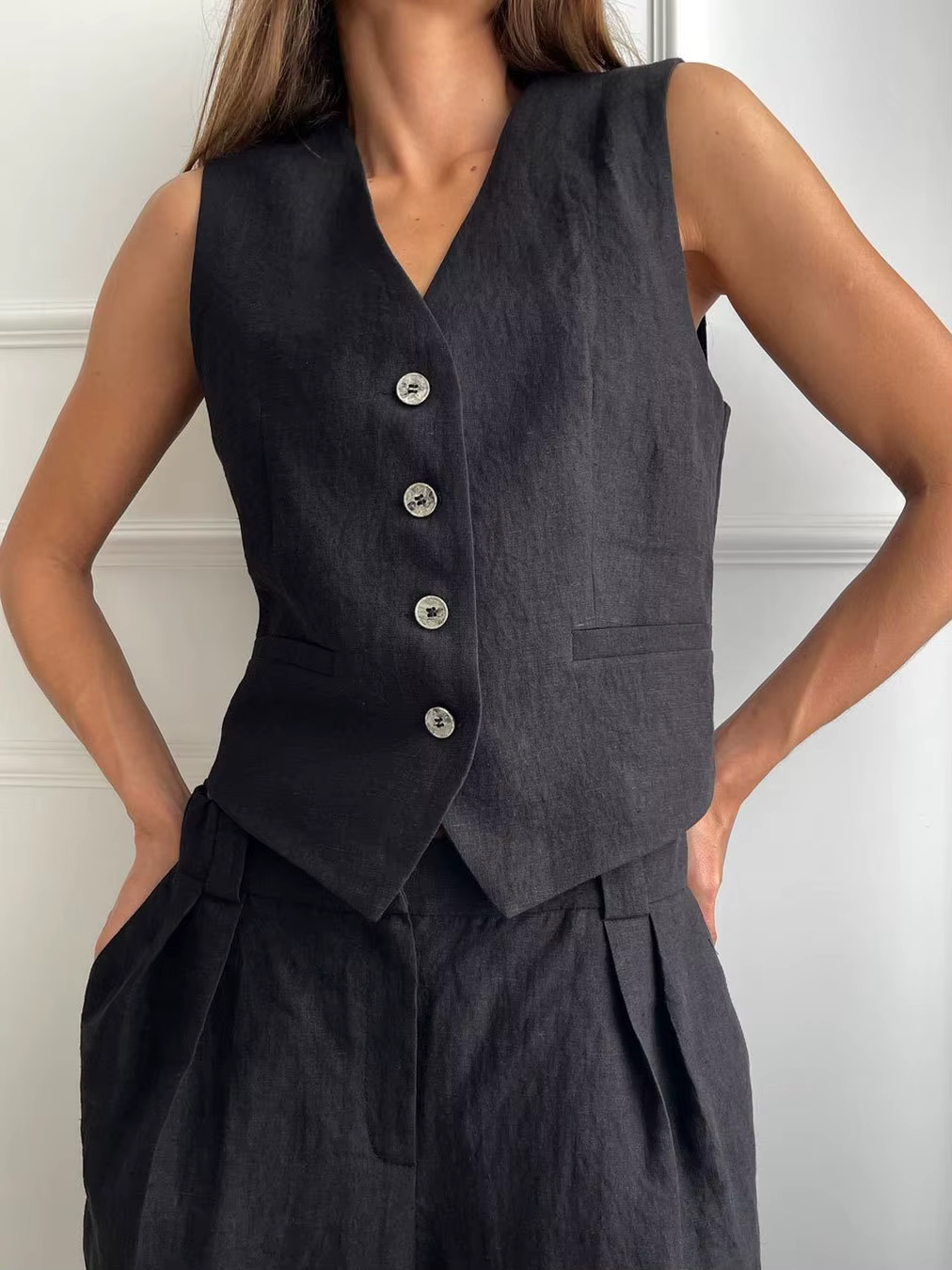 Été femmes gilet haut pantalons décontractés deux pièces costume 2025 nouvelle mode féminine gilet sans manches taille basse pantalon costume coton lin ensemble