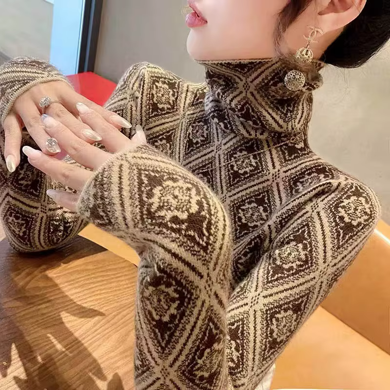 Pull à col roulé en tricot Argyle pour femme