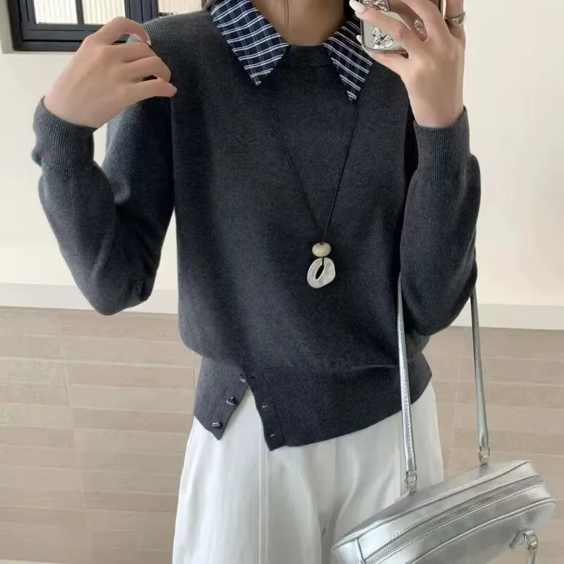 Pull en laine tricoté à carreaux, épissure, automne et hiver, haut deux pièces