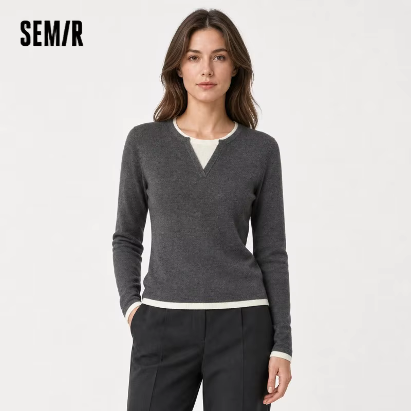 Semir tricoté pull femmes laine contenant col rond coupe ajustée tempérament 2025 hiver NewColorblock