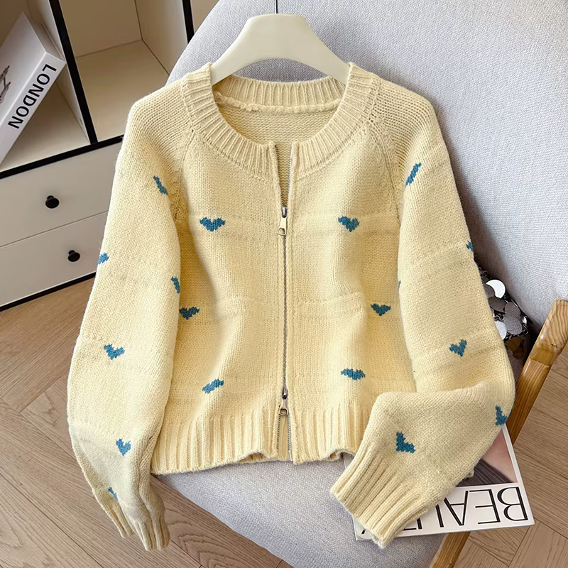 Amour Jacquard pull pour femmes 2025 nouvelle mode automne hiver à manches longues col rond fermeture éclair tricoté