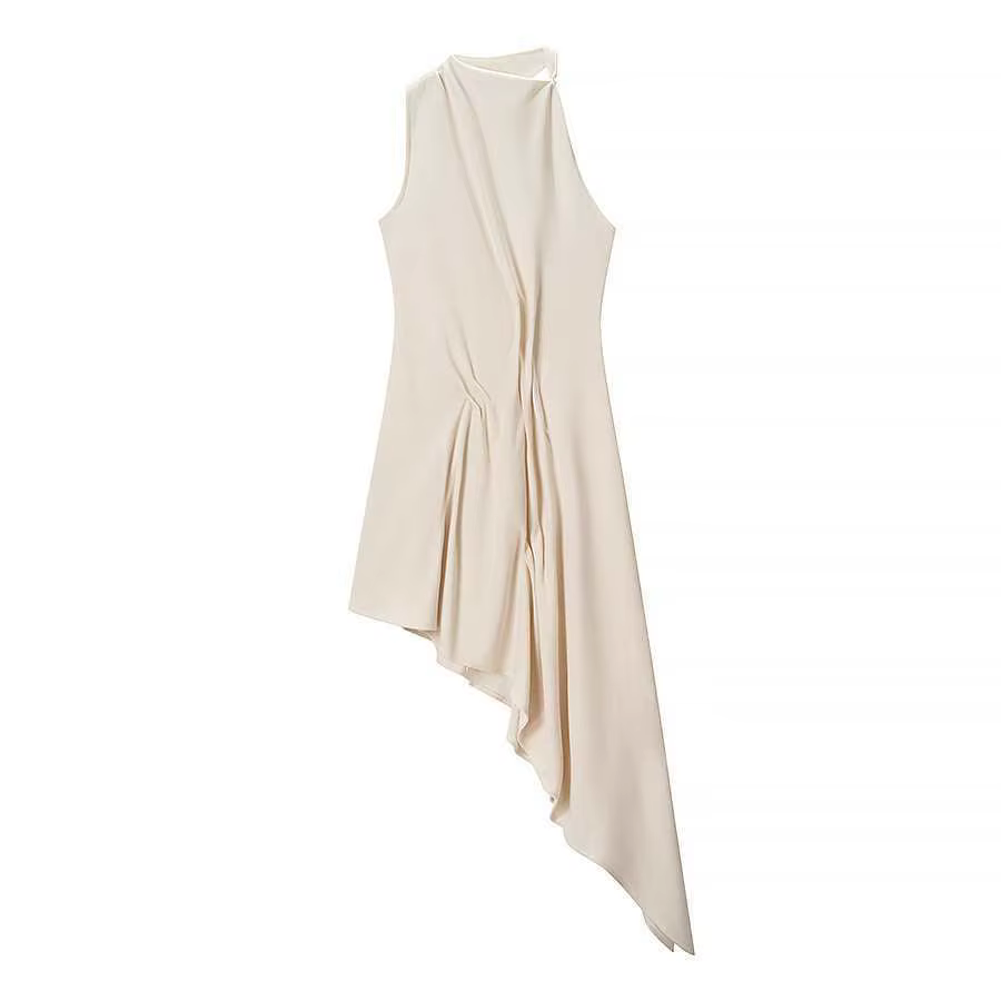Robe en maille asymétrique gris beige coupe ajustée style urbain taille haute mi-longue évasée sans manches pour l'été