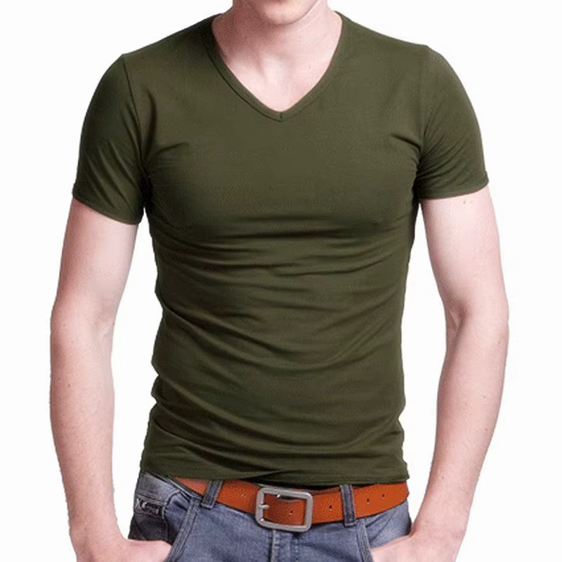 T-shirt homme 2026 col en V extensible, couleur unie, manches courtes, coupe ajustée, neuf