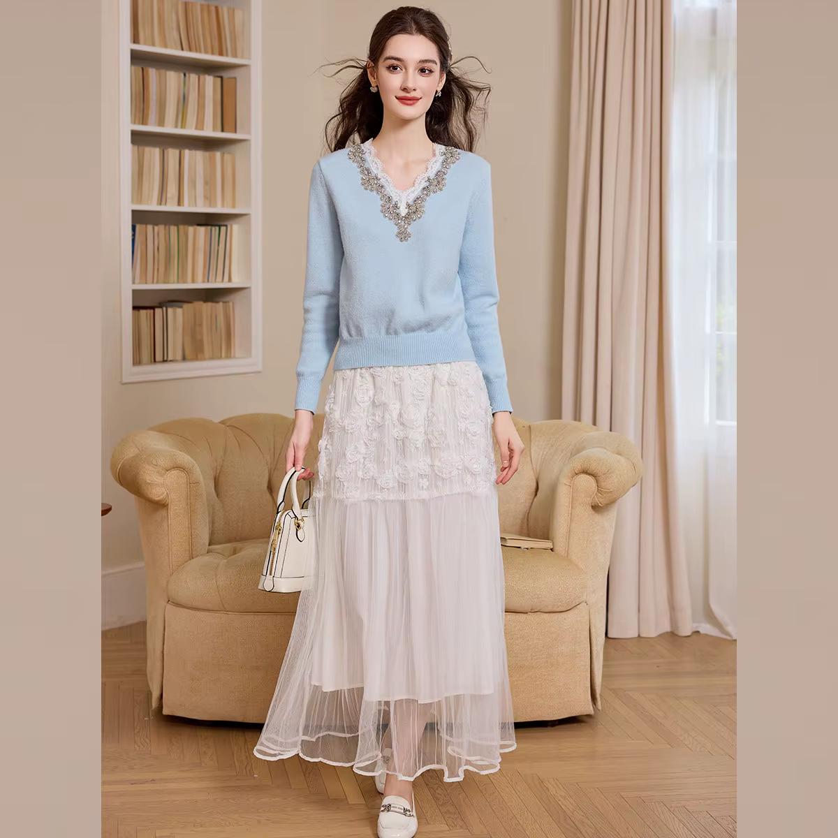 LOUIS YAO col en v tricots pour femmes 2025 automne/hiver hauts tricotés pulls élégants dentelle garnis de perles épissage chandails