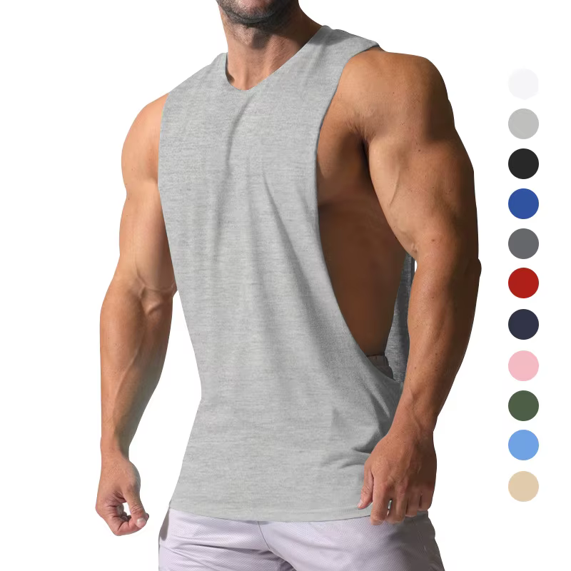 Gilet d'été pour homme à épaules larges, couleur unie, sportif, avec grandes fentes latérales, coupe ample, sans manches