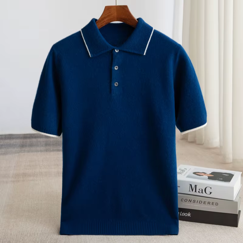 Nouveau pull en laine mérinos 100% pour homme, à col revers et manches courtes, tricoté, décontracté et professionnel, pour l'été