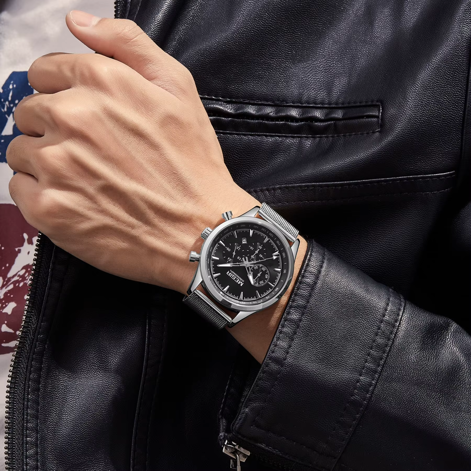 Montre chronographe sport pour homme MEGIR, mouvement à quartz, bracelet en acier maille, étanche, calendrier, montre-bracelet décontractée pour hommes, Reloj