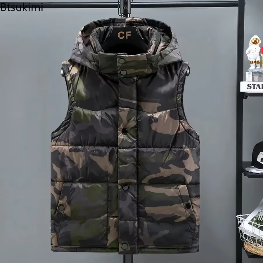 Gilet de Camouflage pour hommes, haut épais, rembourré en coton, imperméable, chaud, sans manches, à capuche, décontracté, hiver, 2026
