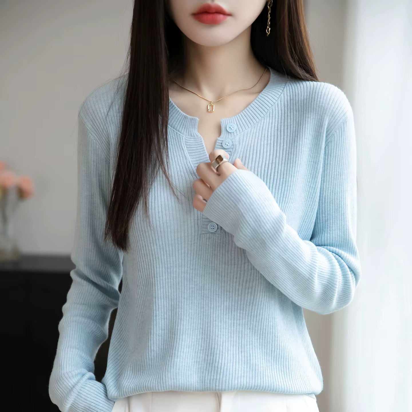 Laine peignée col rond pull femmes couleur unie bouton à manches longues haut automne hiver mode tricot Stretch femme
