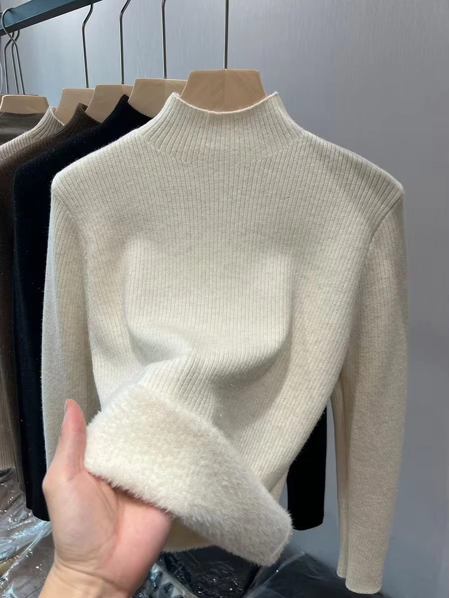 Col roulé hiver pull femmes élégant épaissir velours doublé chaud Sueter tricoté