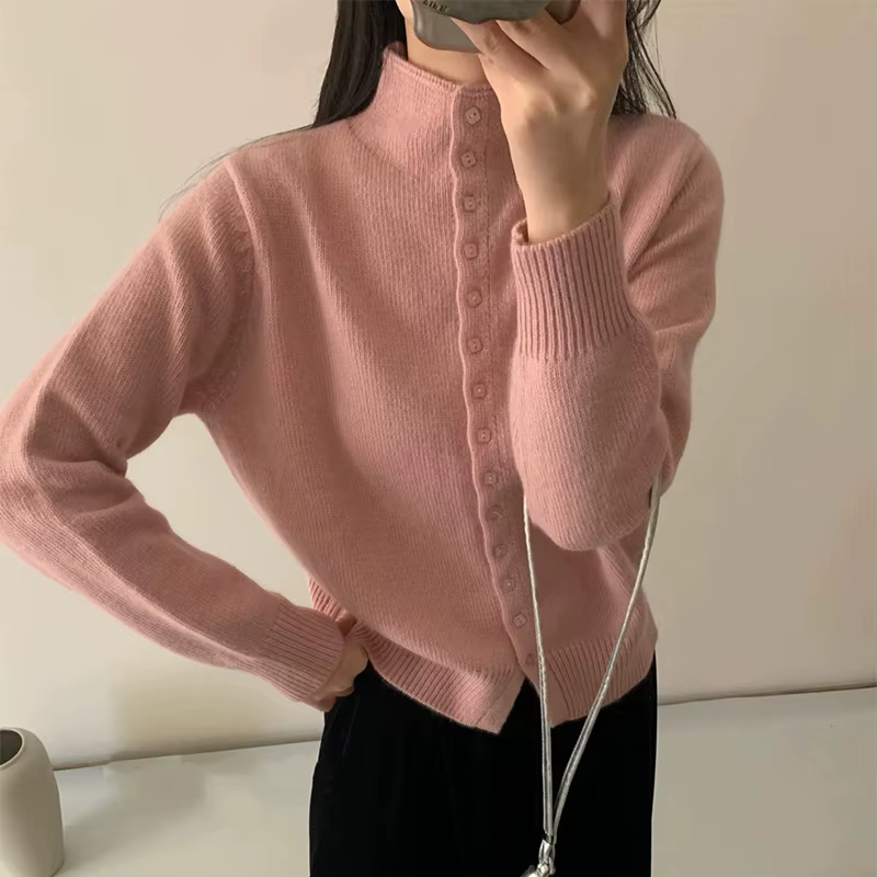 Cardigan boutonné élégant pour femmes, pull tricoté doux, mode coréenne, col roulé, automne hiver