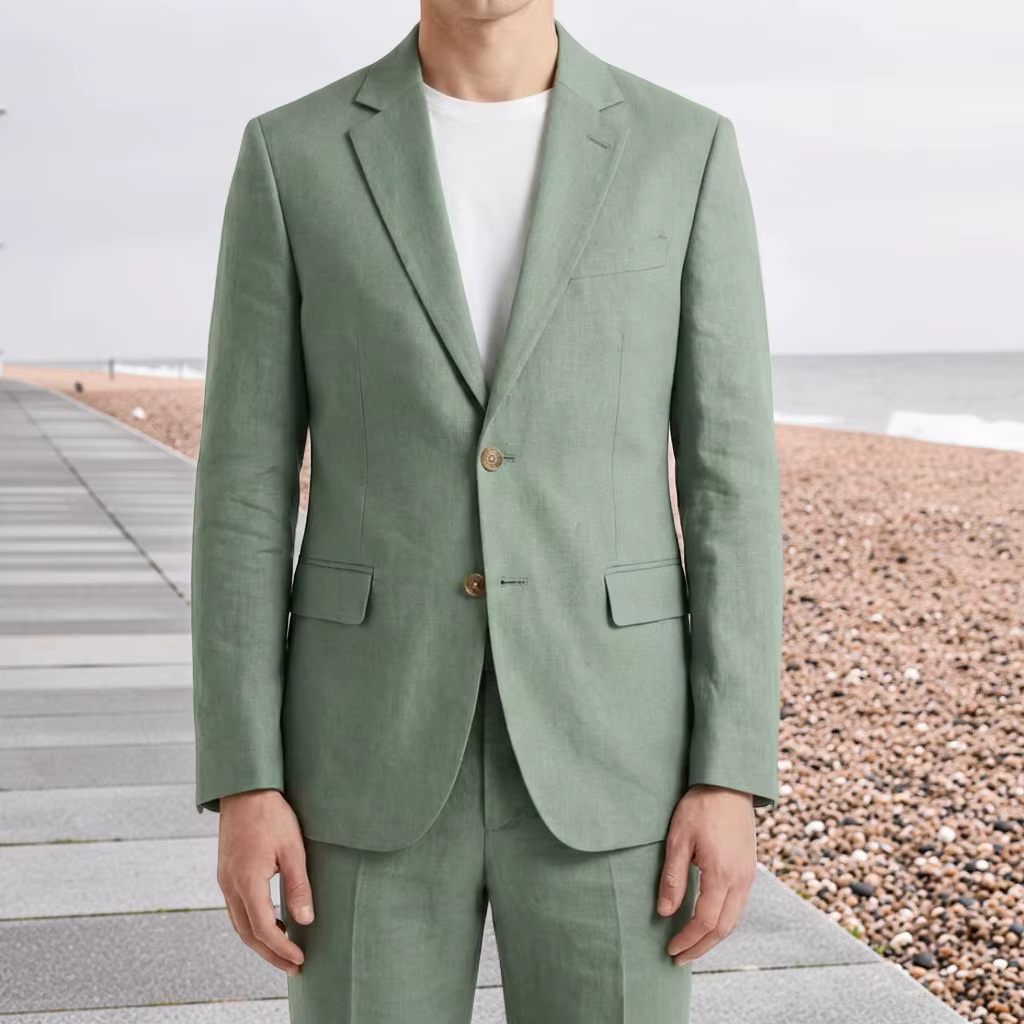 Costume homme en lin vert sauge pour bal de promo, 2 pièces, coupe ajustée, costume de mariage, veste à revers cranté avec pantalon, ensemble plage été
